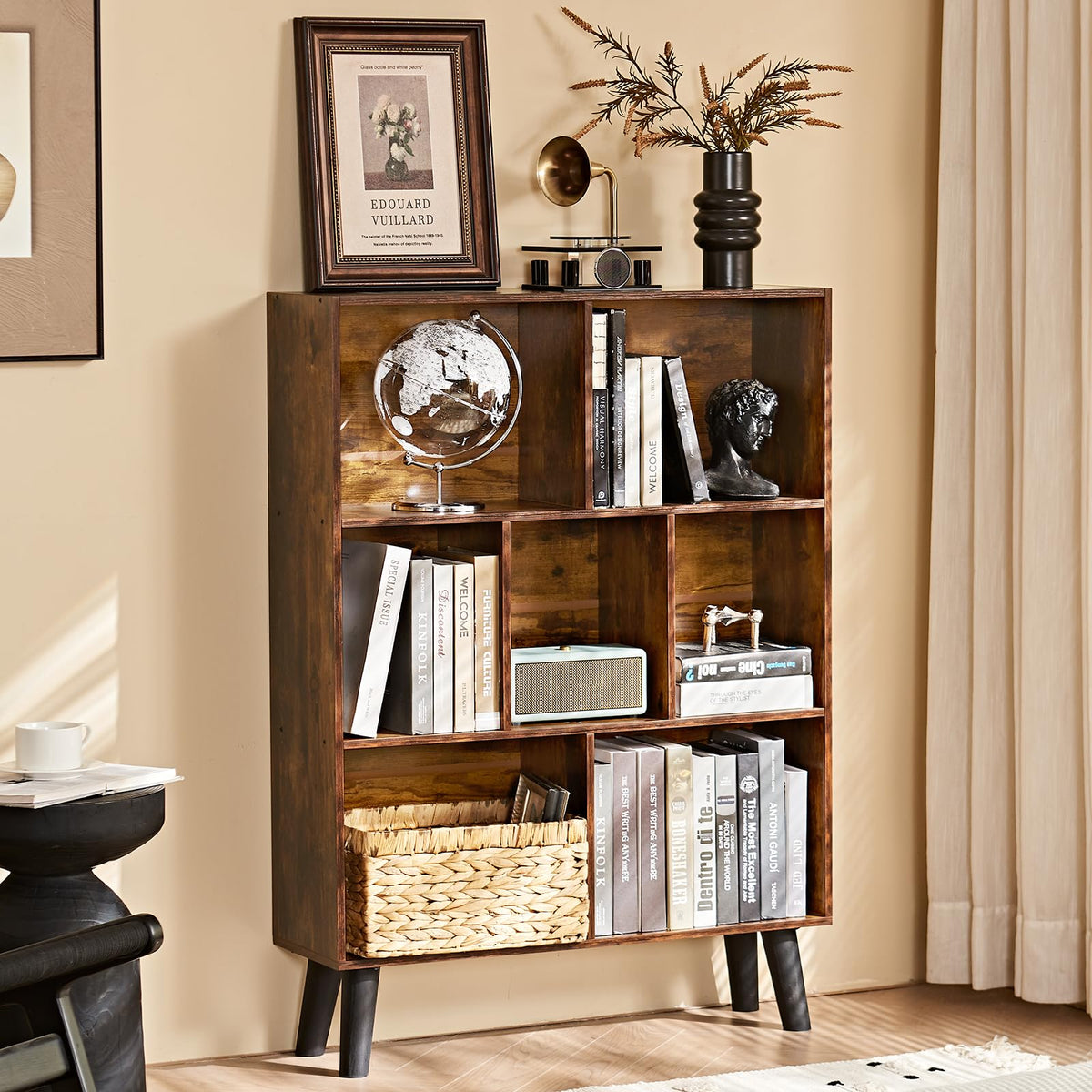 LEYAOYAO 7 Cube Bookshelf, Mid-Century Modern Bookcase Legs,Black Wooden Book Shelves, Wood 3-Tier Freestanding Storage Organizer Display Shelf for Bedroom,Living Room,Office