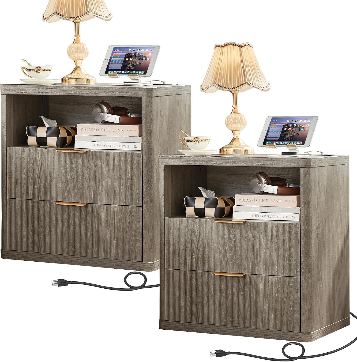 LEYAOYAO 23" Wide Fluted Night Stand with Charging Station, 2 Drawers Large End Table with Storage, LightGrey Nightstand Wood Bedside Tables, Farmhouse Cabinet Dresser for Bedroom, Closet