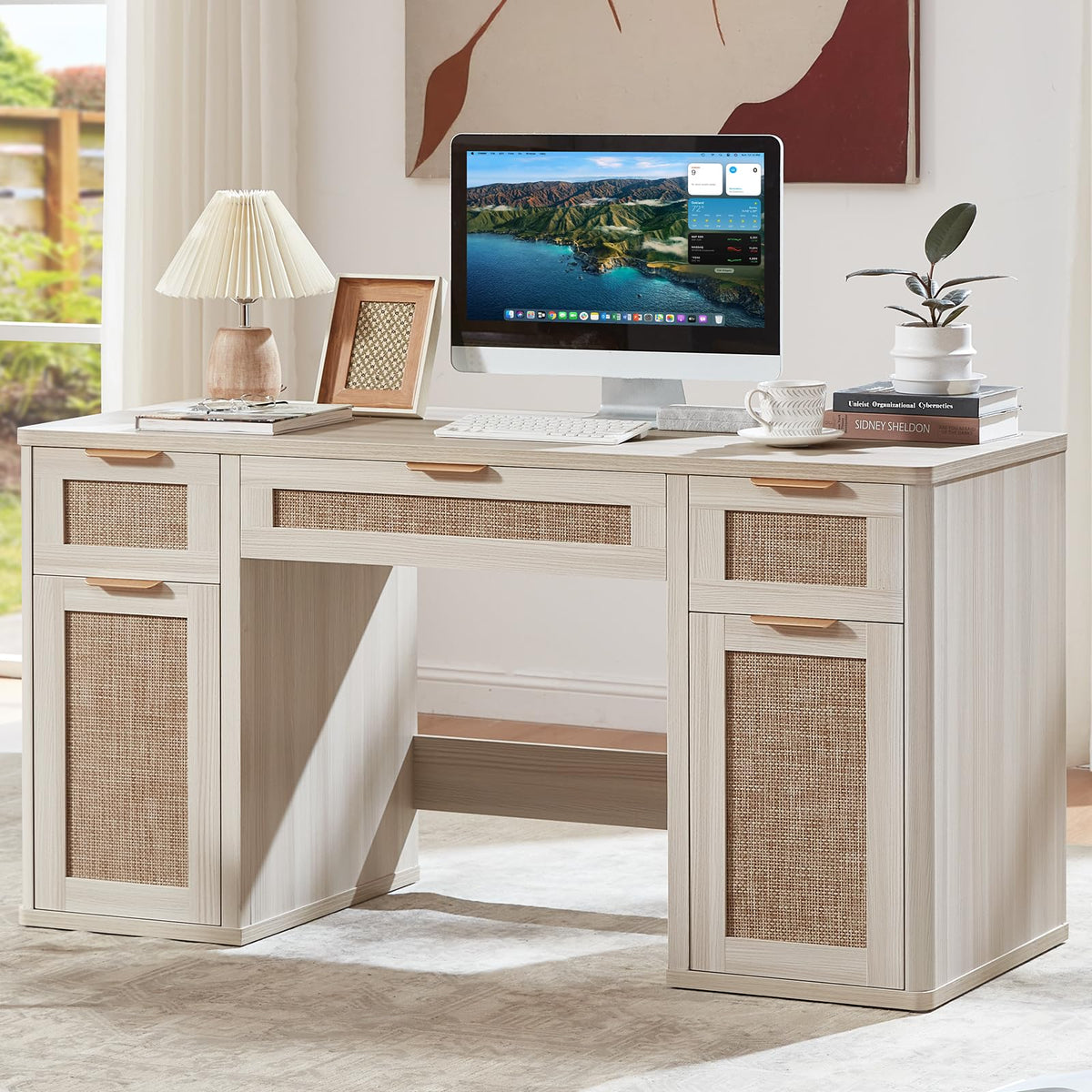 LEYAOYAO Office Desk 56" with 5 Drawers Storage File Cabinet, Natural