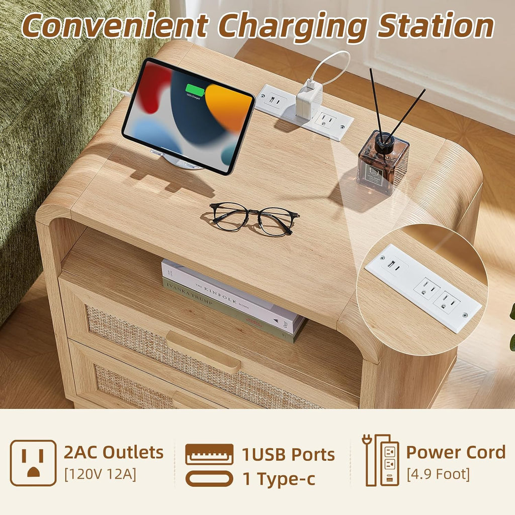 LEYAOYAO Rattan Nightstands Set of 2 with Charging Station, Natural