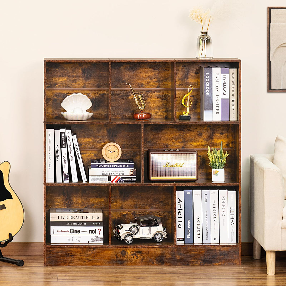 LEYAOYAO 7 Cube Bookshelf with Base,3 Tier Mid-Century Modern Blue Bookcase,Standing Wide Bookshelves Storage Organizer Shelf,Rustic Wood Display Cabinet Book Shelves for Bedroom,Living Room,Office