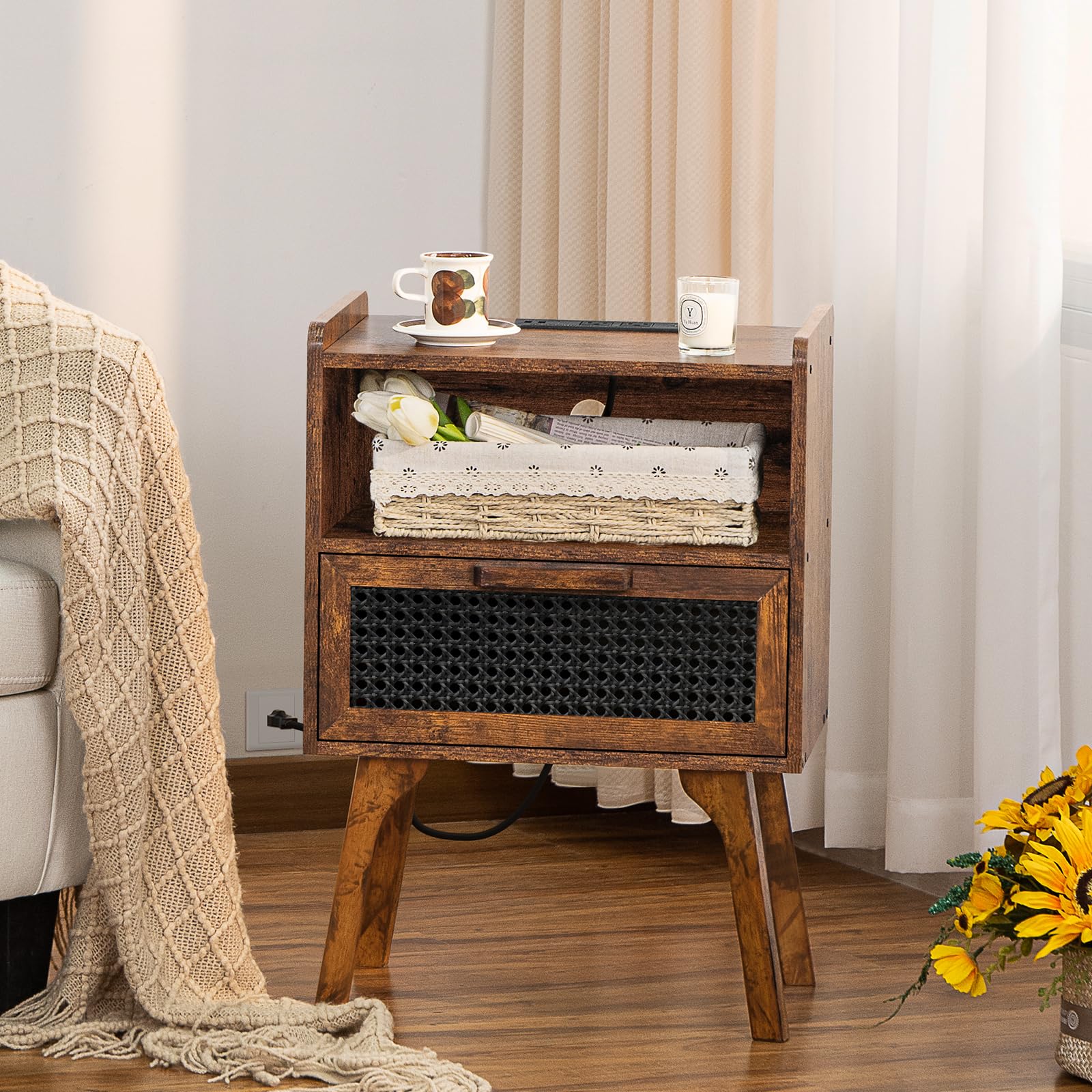 Lerliuo Rattan Nightstand with Charging Station, Boho Night Stand