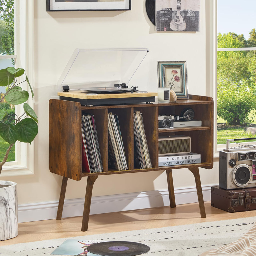 Lerliuo Record Player Stand with 4 Cabinet Holds Up to 220 Albums,Oak