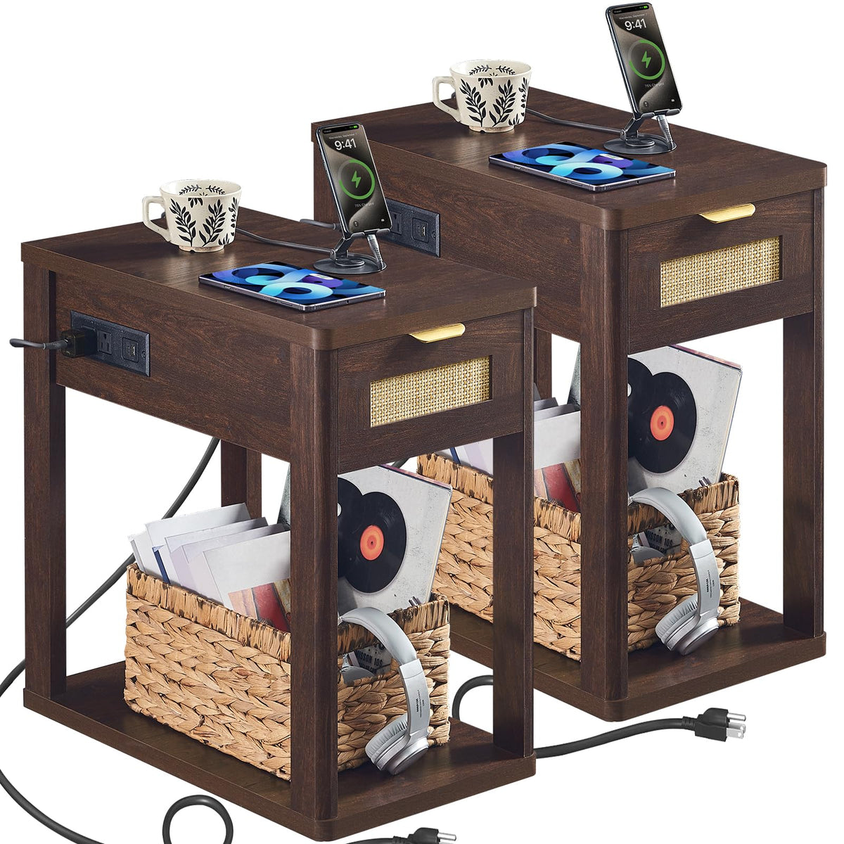 LEYAOYAO Narrow Side Table with Charging Station, Rattan 24 x 14''
