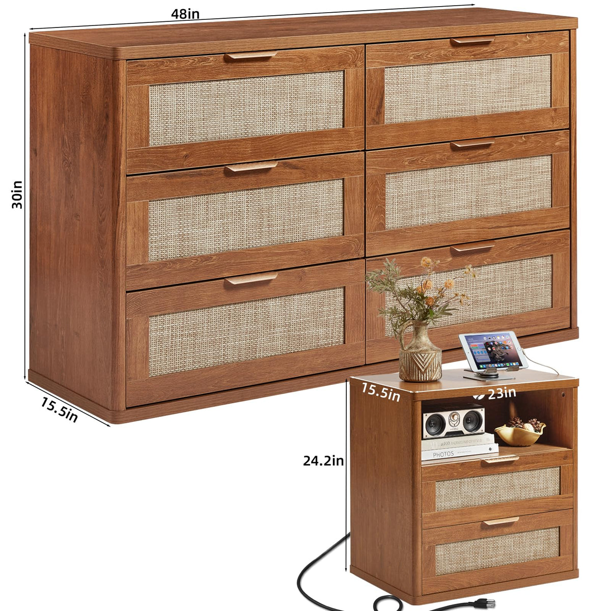 LEYAOYAO Rattan Dresser and Nightstand Sets 3 Piece, Natural