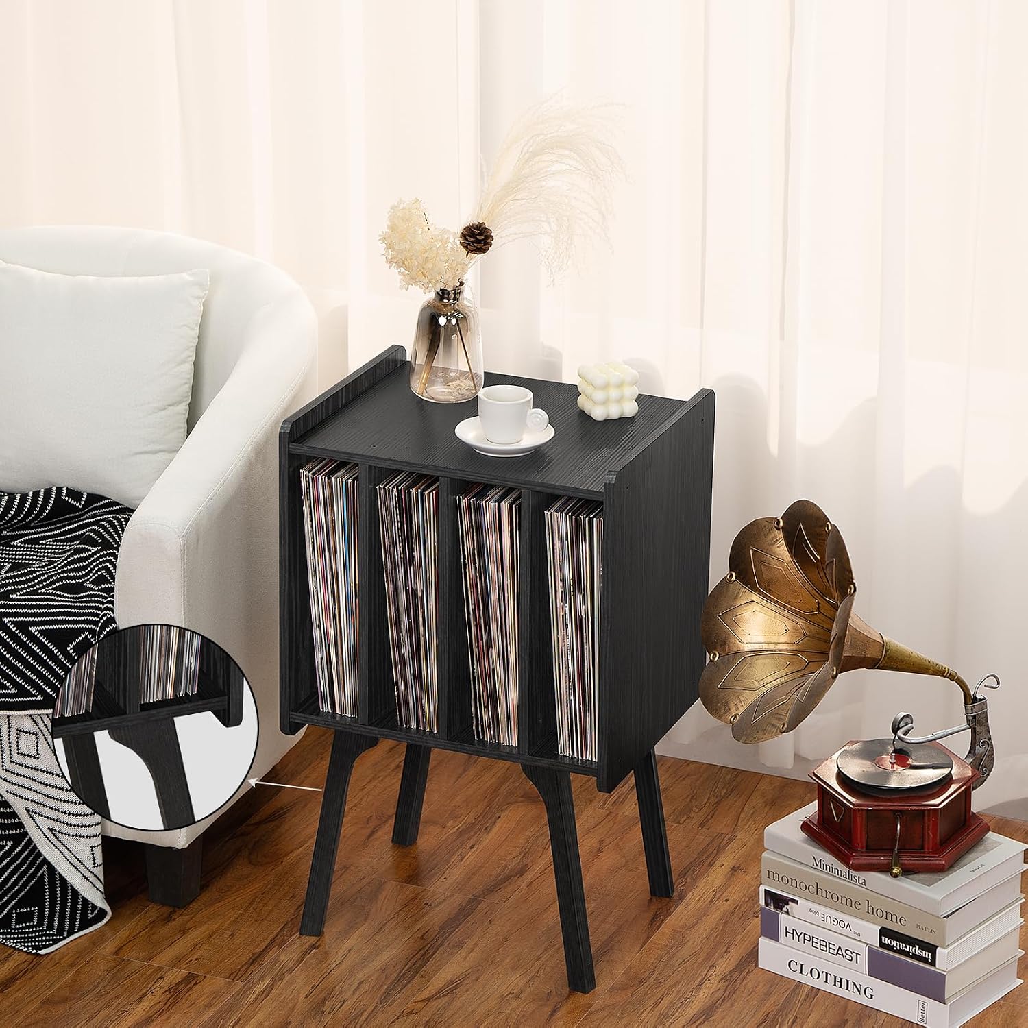 Lerliuo Record Player Stand with Storage Holds Up to 80 Albums, Turntable Stand with Beech Wood Legs, Mid-Century Record Player Table,Black Vinyl Holder Display Shelf for Bedroom Living Room