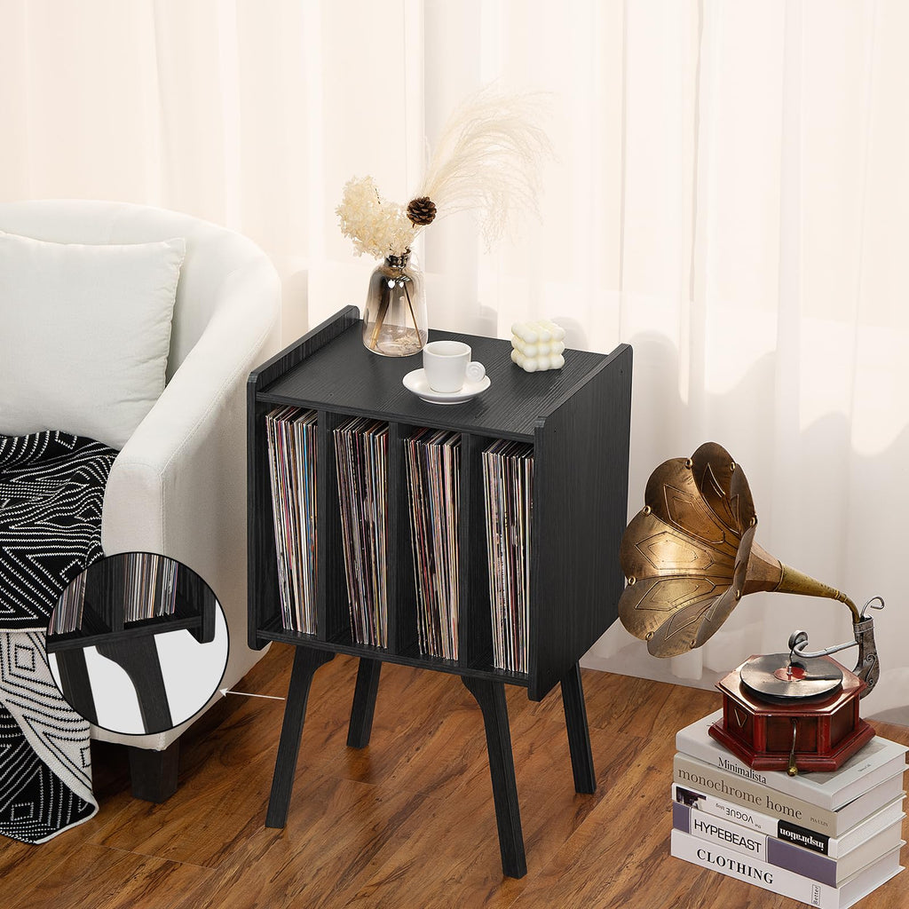 Lerliuo Record Player Stand with Storage Holds Up to 80 Albums, Turntable Stand with Beech Wood Legs, Mid-Century Record Player Table,Black Vinyl Holder Display Shelf for Bedroom Living Room