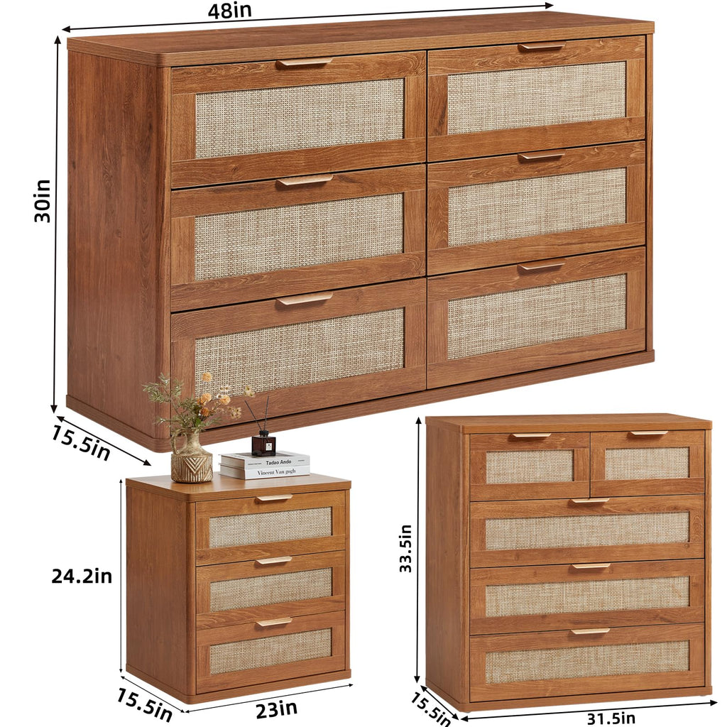 LEYAOYAO Rattan Dresser and Nightstand Sets 4 Piece, Boho Wood Dresser for Bedroom with 6 Drawers and Night Stand with Charging Station, Bedroom Furniture, Dressers & Chests of Drawers, Hallway