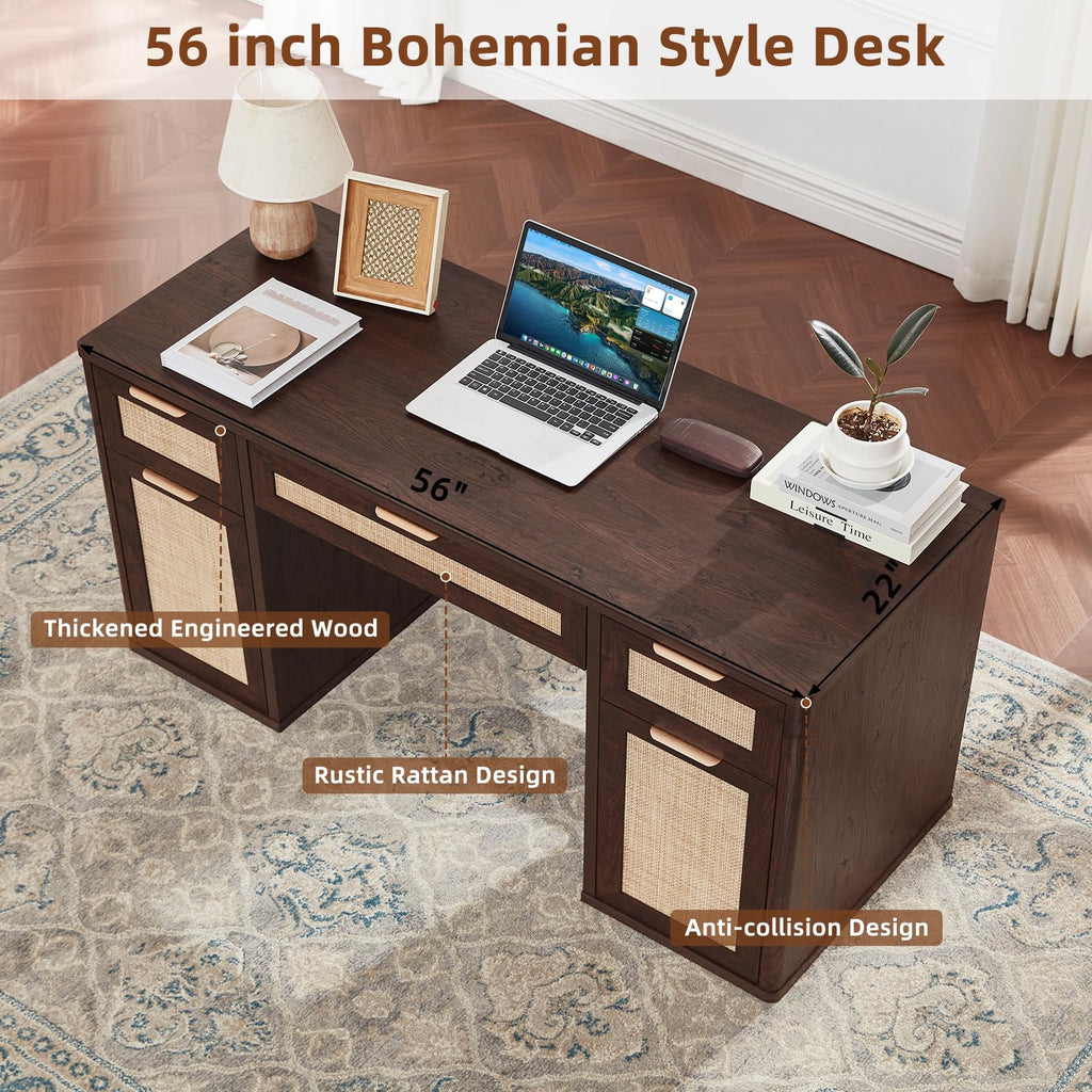 LEYAOYAO Office Desk 56" with 5 Drawers Storage File Cabinet, Natural