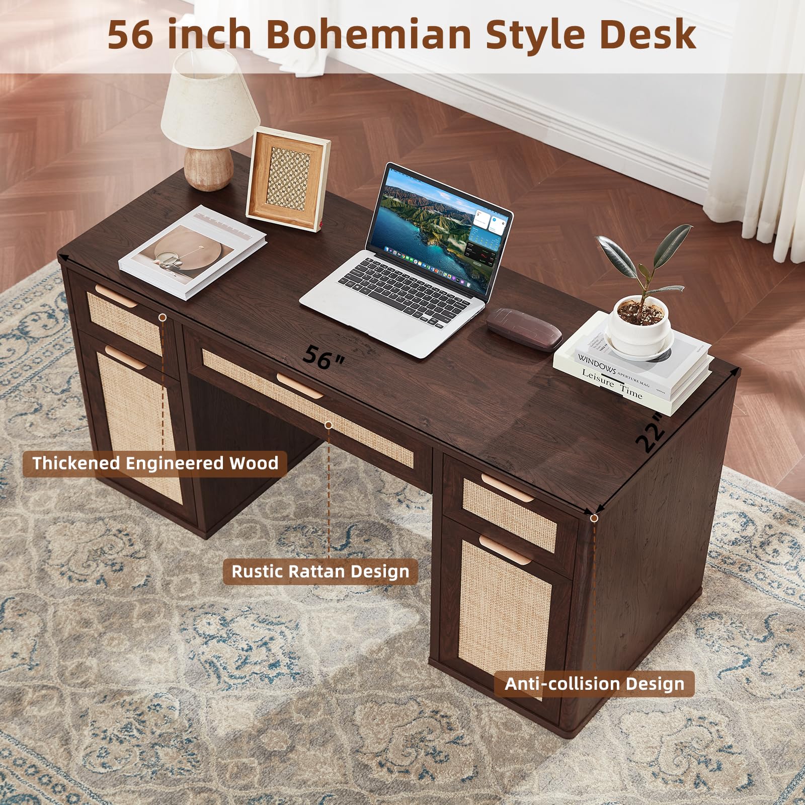LEYAOYAO Office Desk 56" with 5 Drawers Storage File Cabinet, Natural