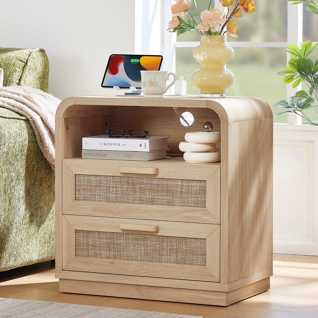 LEYAOYAO Curved Boho Dresser & Nightstand Set of 3, Natural Wood