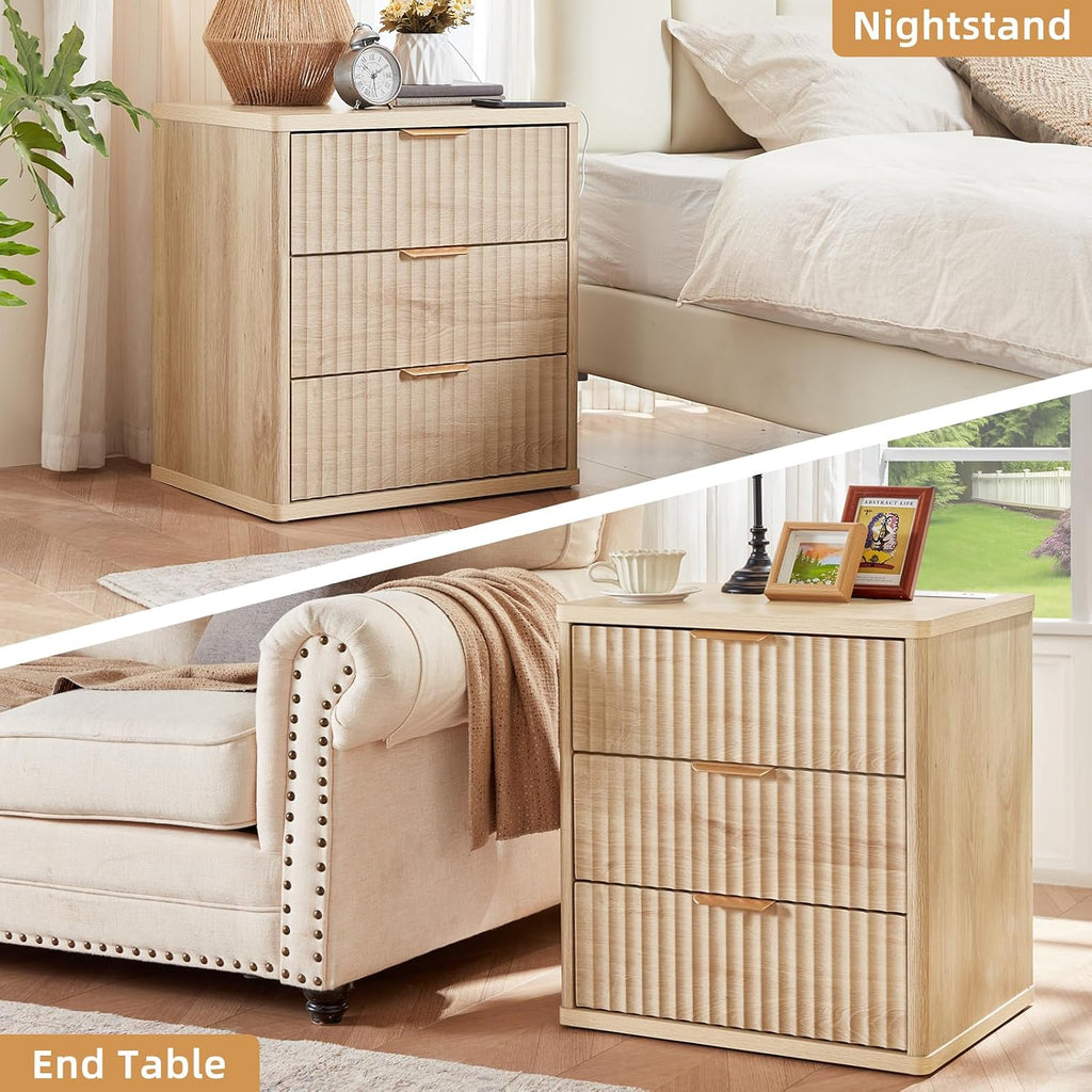 LEYAOYAO Fluted Nightstand Set of 2 with Charging Station,23" Modern Nightstand with Woodgrain Top, 3 Drawer End Table w/Storage, BedsideTables for Bedroom, Living Room, Curved Profile,Wood