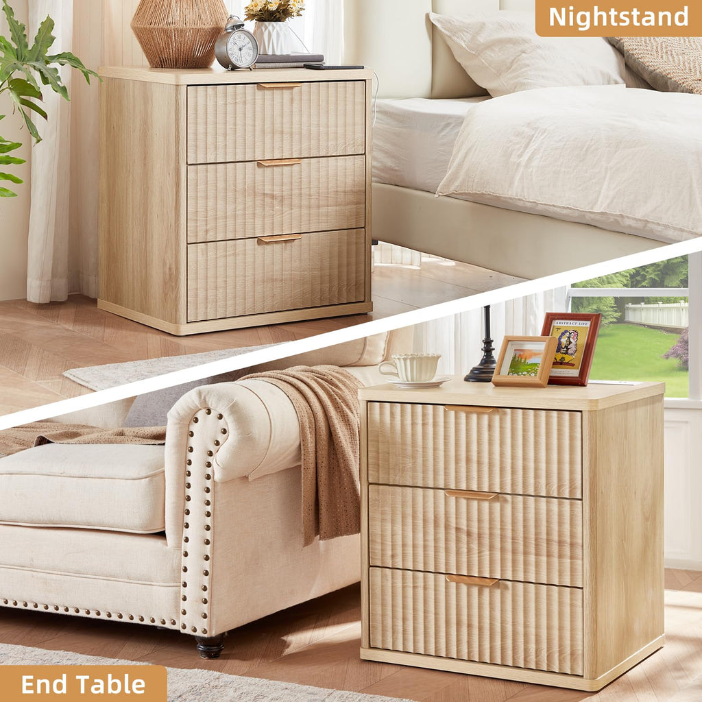 Lerliuo Fluted Nightstand with Charging Station, 23" Wide 2 Drawers End Table, Blue Night Stand with Open Storage Cabinet, Farmhouse Bed Side Tables, Wood Dresser for Bedroom