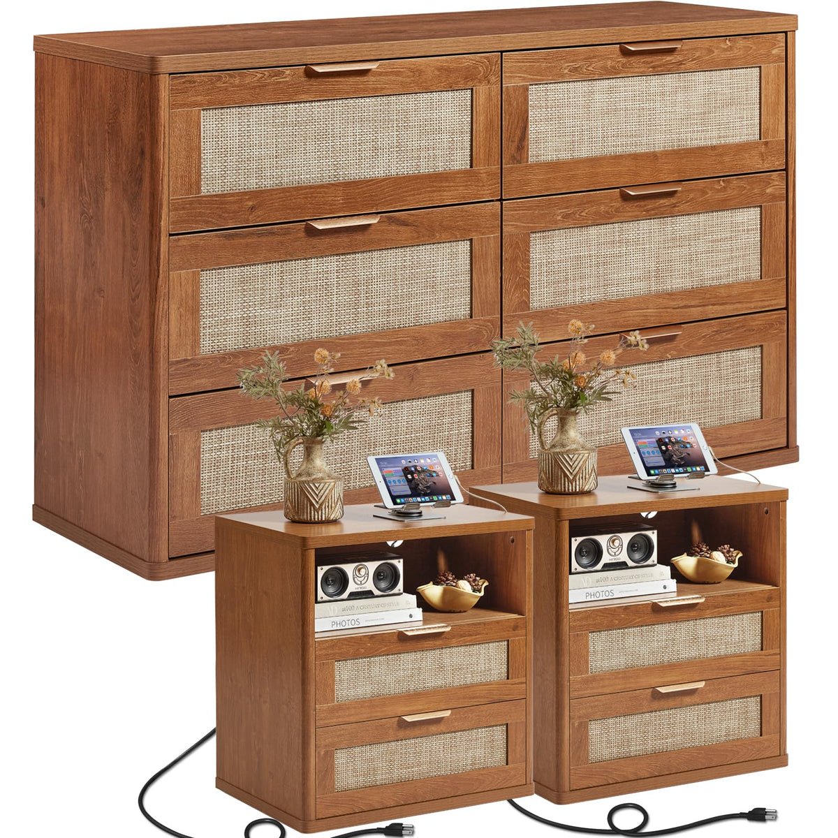 LEYAOYAO Rattan Dresser and Nightstand Sets 3 Piece, Natural