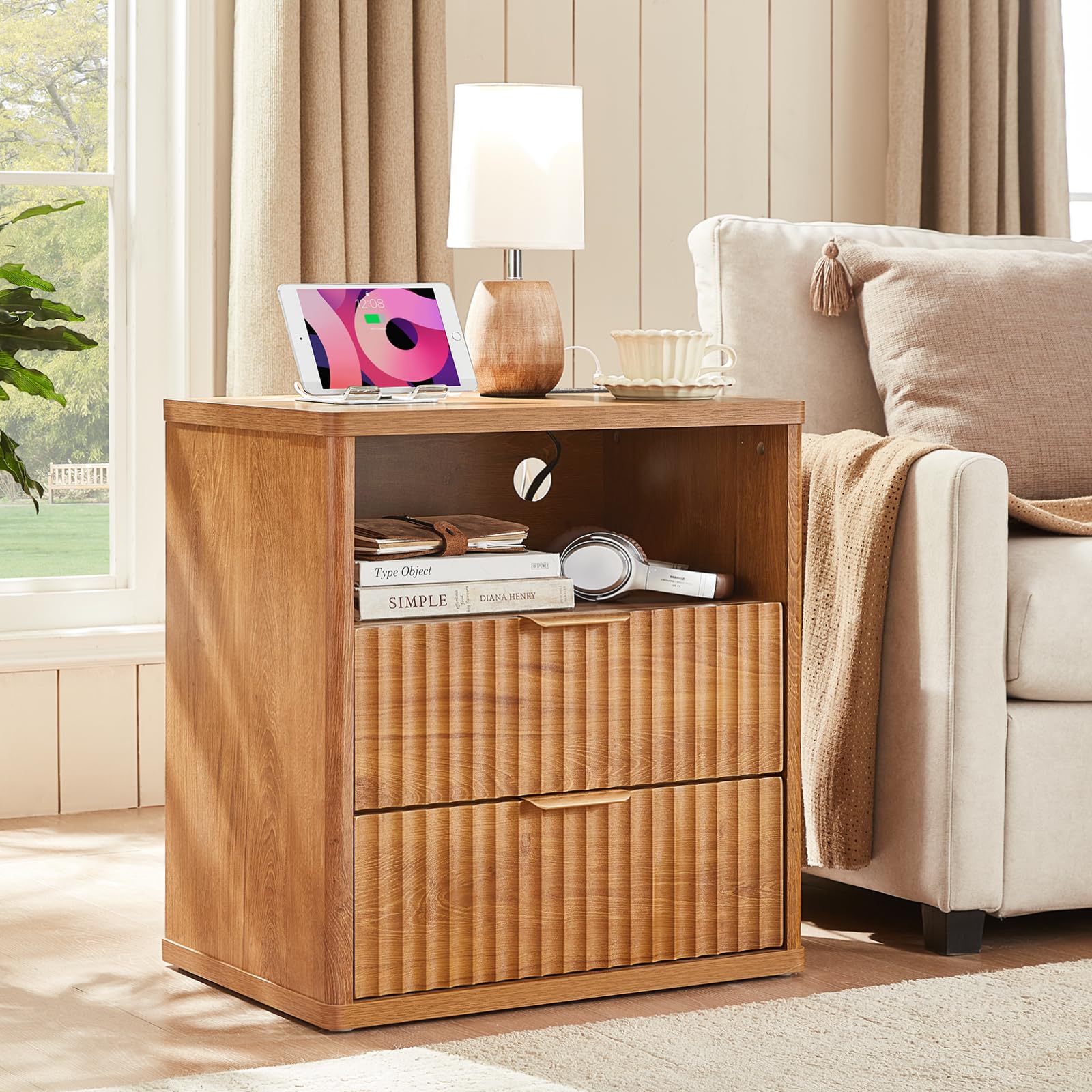 LEYAOYAO Fluted 5 Drawers Dresser for Bedroom, 41" Tall Modern Chest of Drawers with Metal Handle, Curved Profile Design,Natural Wood Drawer Organizer for Bedroom, Living Room, Hallway, Entryway
