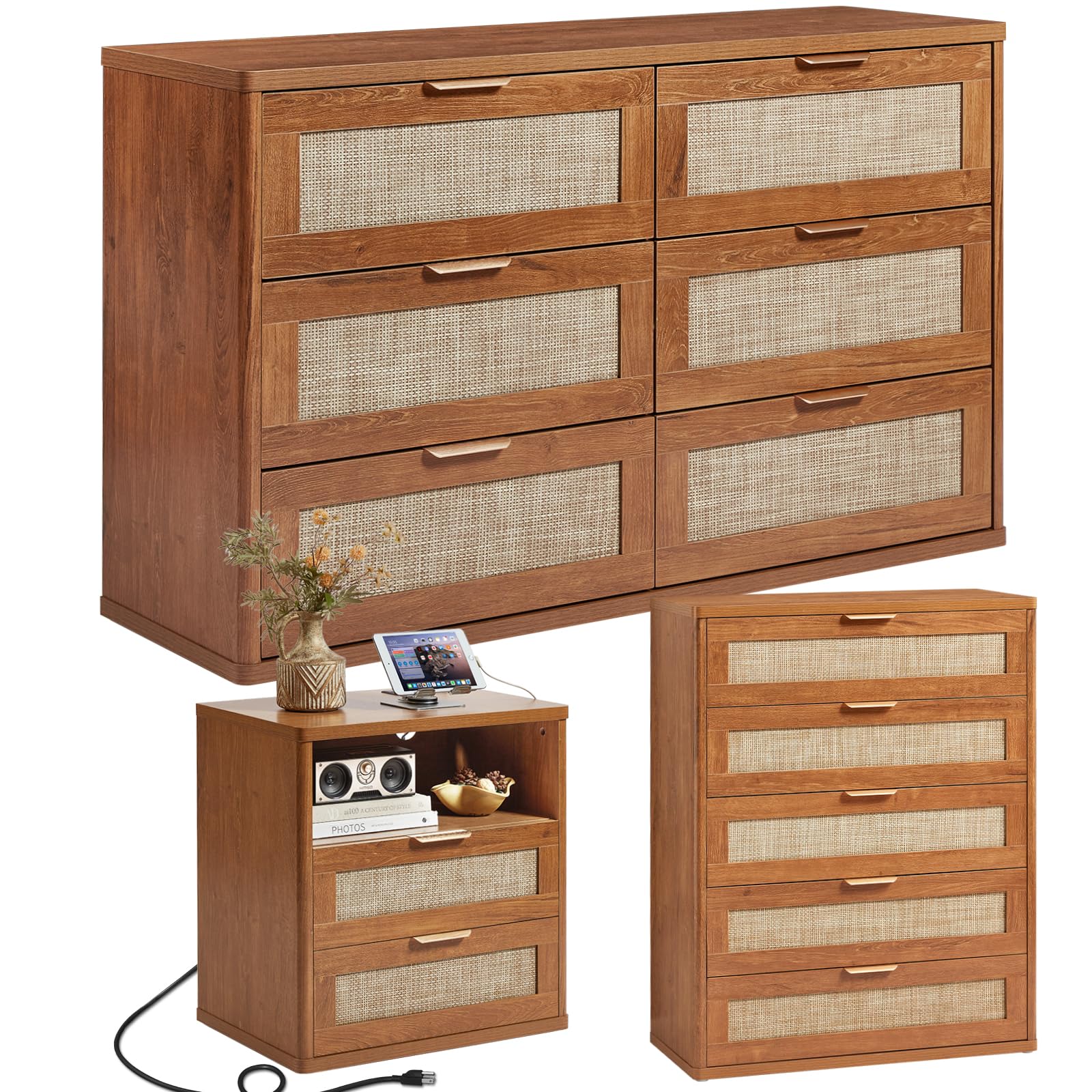 LEYAOYAO Rattan Dresser and Nightstand Set of 3, Boho Wood Dresser for Bedroom with 6 Drawers and Night Stand with Charging Station, Bedroom Furniture, Dressers & Chests of Drawers,Hallway,Living Room