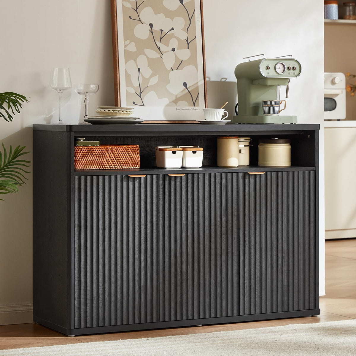 LEYAOYAO 45-Inch Fluted Buffet Cabinet with 3 Doors,Dark Blue