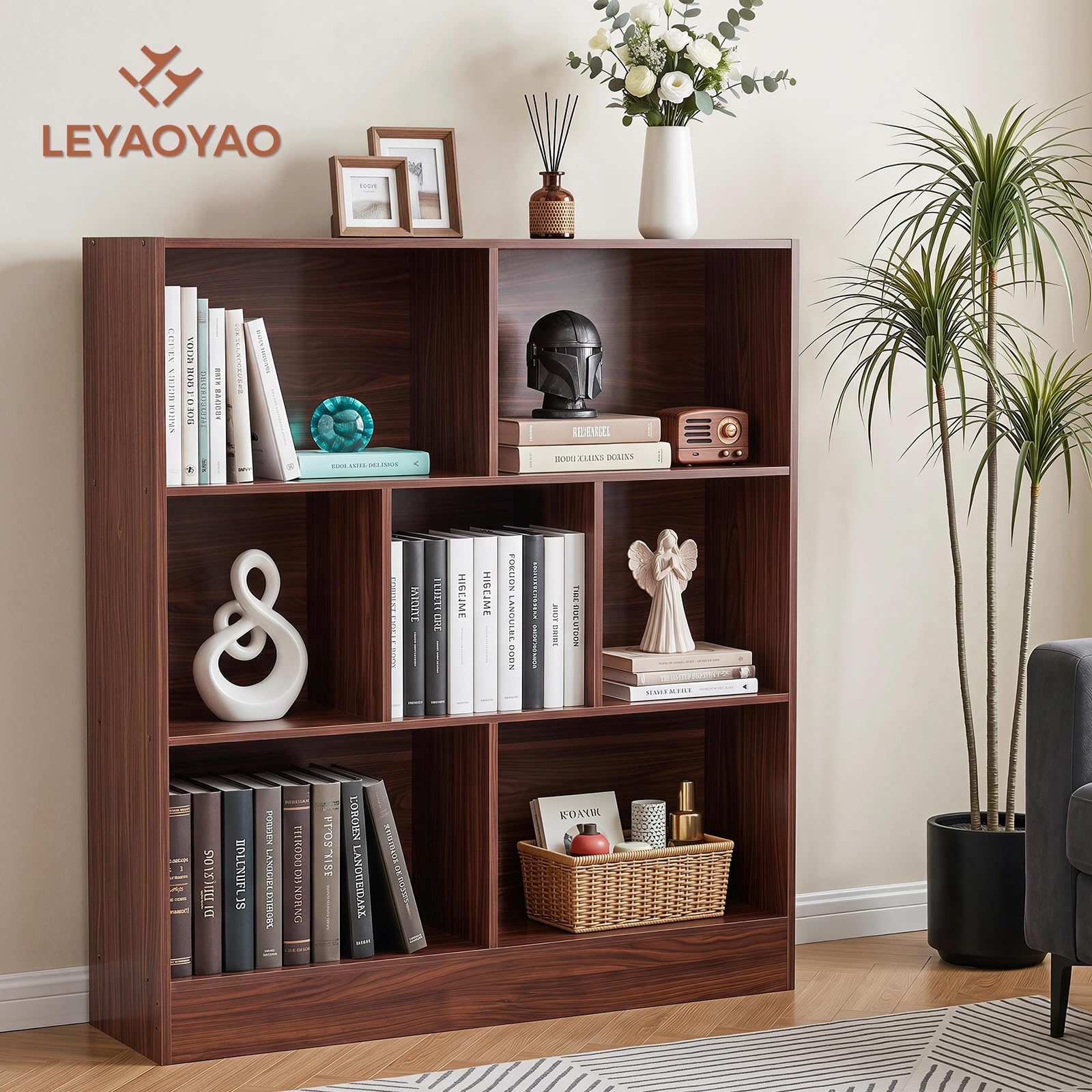 LEYAOYAO 7 Cube Bookshelf with Base,3 Tier Mid-Century Modern Blue Bookcase,Standing Wide Bookshelves Storage Organizer Shelf,Rustic Wood Display Cabinet Book Shelves for Bedroom,Living Room,Office