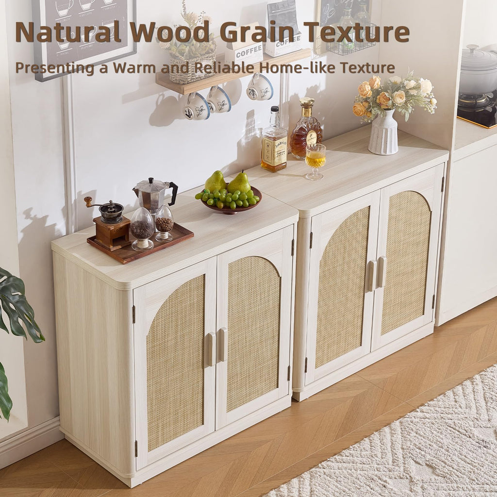 LEYAOYAO Rattan Sideboard Buffet Cabinet with Storage, 31.5" Coffee Bar Cabinet with Arch Doors & Adjustable Shelves, Wood Credenza, Boho Accent Cabinet for Kitchen, Living Room, Natural