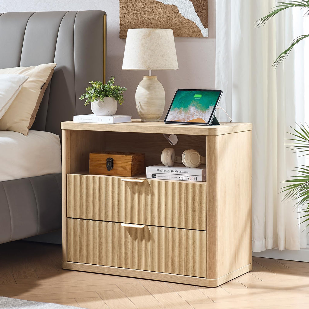 LEYAOYAO 31" Wide Fluted Nightstand with Charging Station, Oversized Extra Large 1 Drawer Night Stand with Golden Handle, Antique White Bedside Table Tall End Tables,for Bedroom, Living Room, Hallway