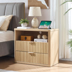 LEYAOYAO 31" Wide Fluted Nightstand with Charging Station, Oversized Extra Large 1 Drawer Night Stand with Golden Handle, Antique White Bedside Table Tall End Tables,for Bedroom, Living Room, Hallway