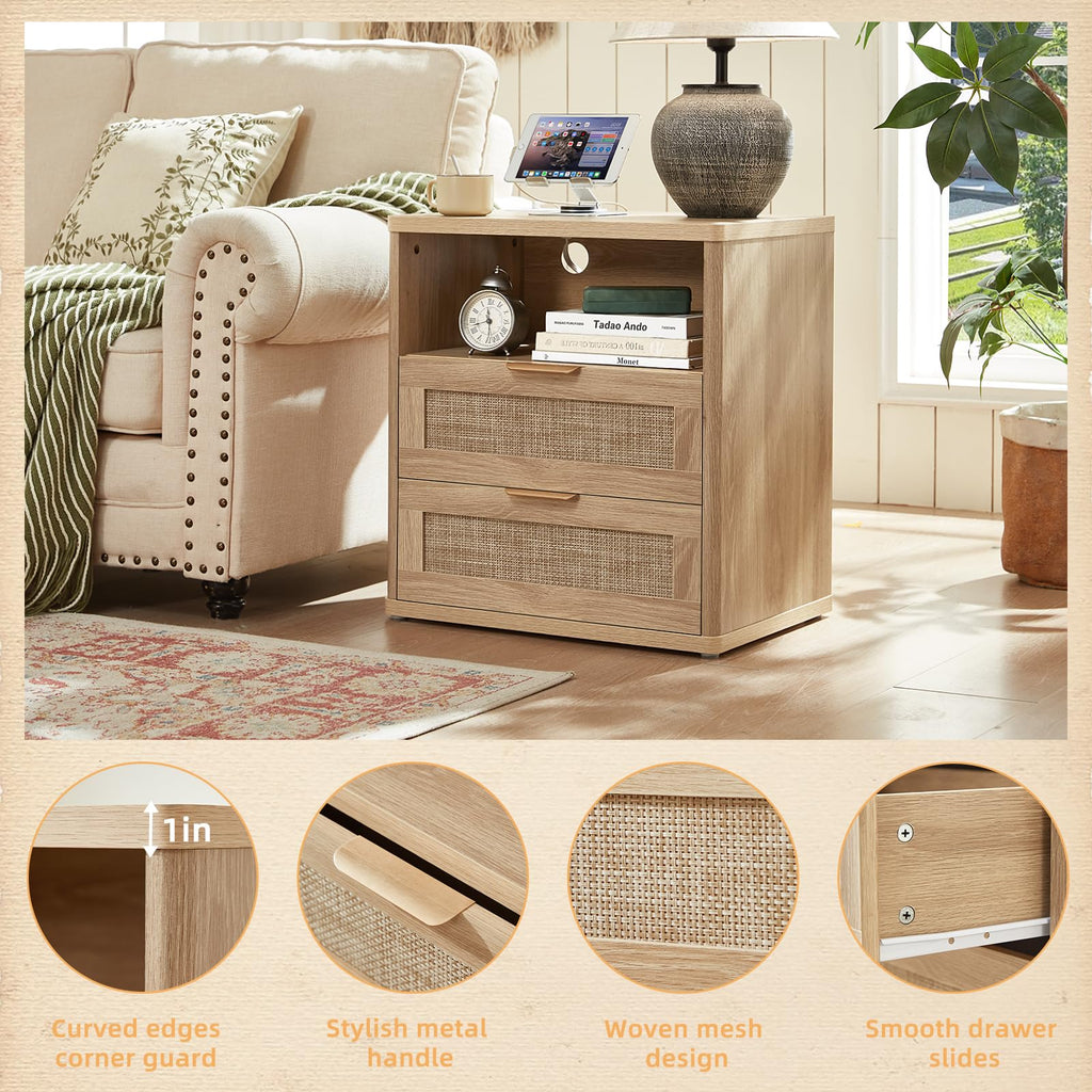 Lerliuo Rattan NightStand with Charger Station, 23" Wide Boho Bedside Table with Drawers, Natural Wood Night Stand Open Storage Cabinet, Bed Side End Table Dresser for Living Room, Hallway, Bedroom