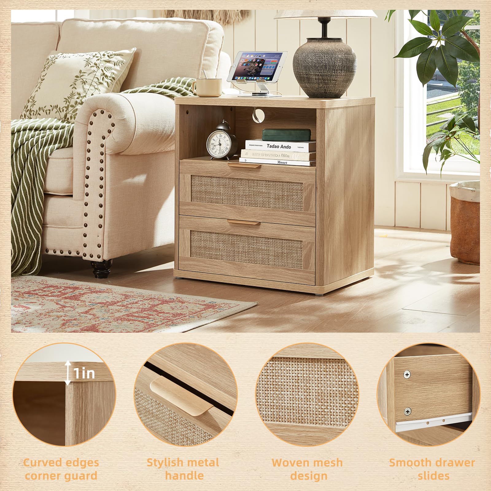 Lerliuo Rattan NightStand with Charger Station, 23" Wide Boho Bedside Table with Drawers, Natural Wood Night Stand Open Storage Cabinet, Bed Side End Table Dresser for Living Room, Hallway, Bedroom