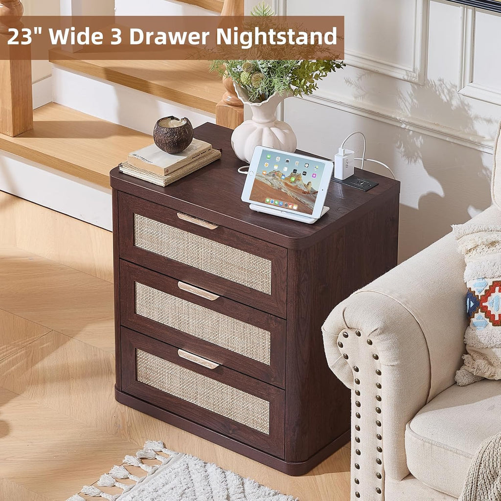 LEYAOYAO Rattan 23" Nightstands with Charger Station 2 Drawers