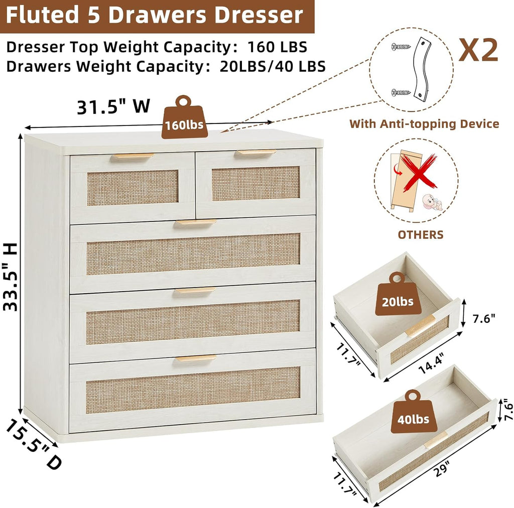 LEYAOYAO Rattan Dresser for Bedroom, 33.5" Small Chest of Drawers