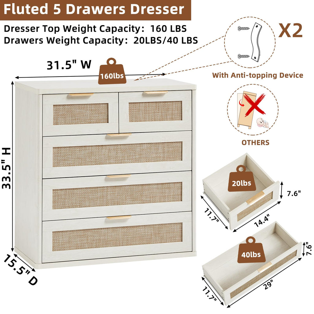 LEYAOYAO Rattan Dresser for Bedroom, 41" Tall Chest of Drawers