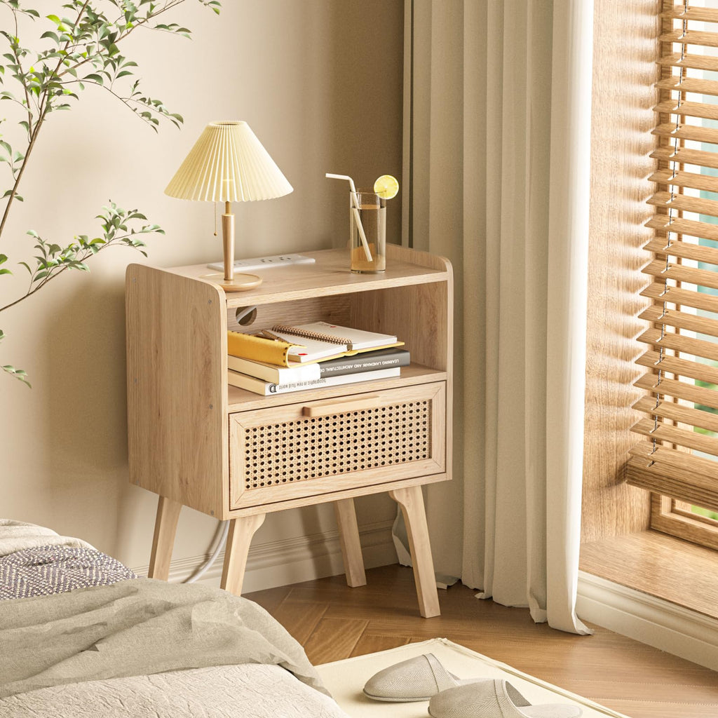 Lerliuo Rattan Nightstand, Boho Side Table with Drawer Open Shelf