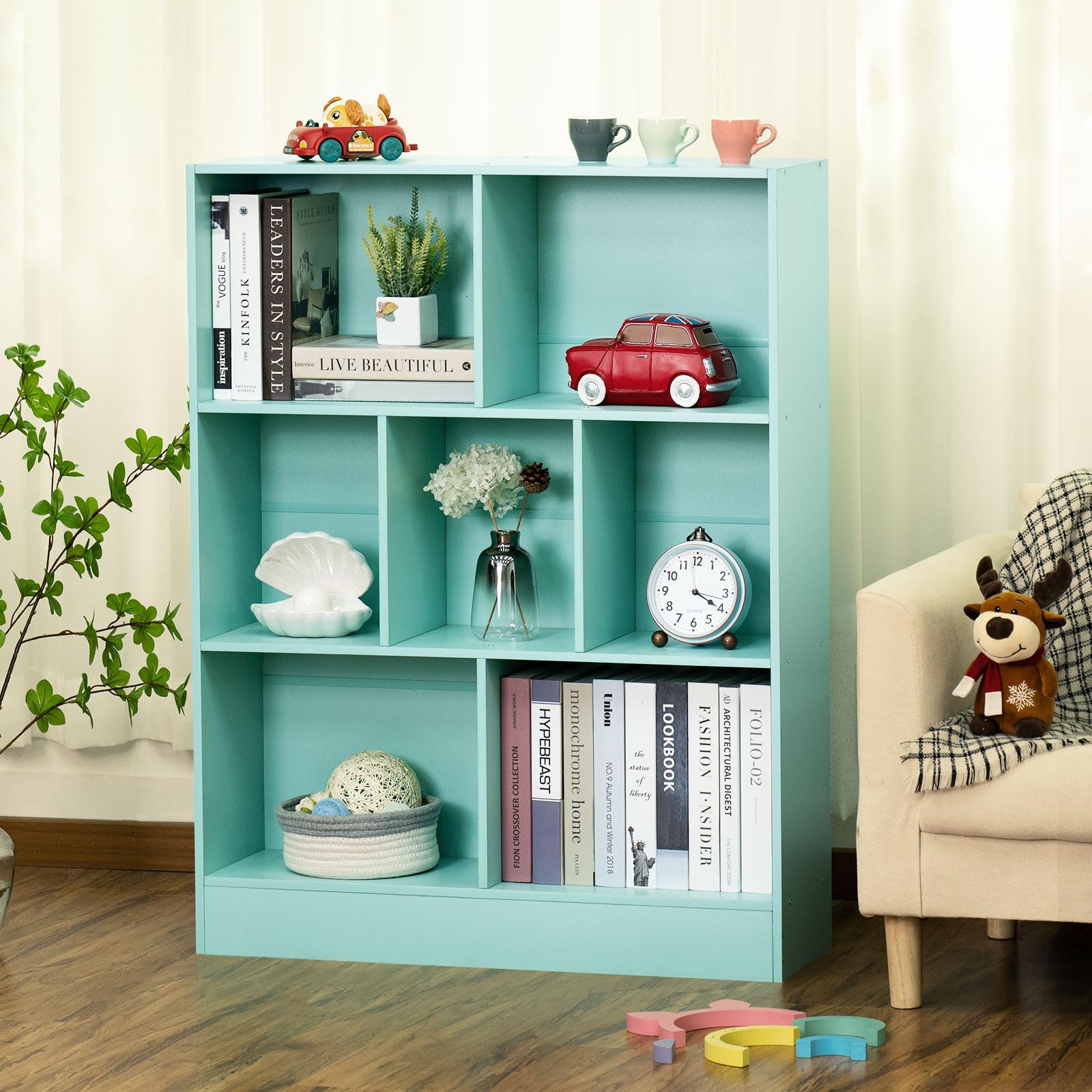 LEYAOYAO 7 Cube Bookshelf with Base,3 Tier Mid-Century Modern Blue Bookcase,Standing Wide Bookshelves Storage Organizer Shelf,Rustic Wood Display Cabinet Book Shelves for Bedroom,Living Room,Office