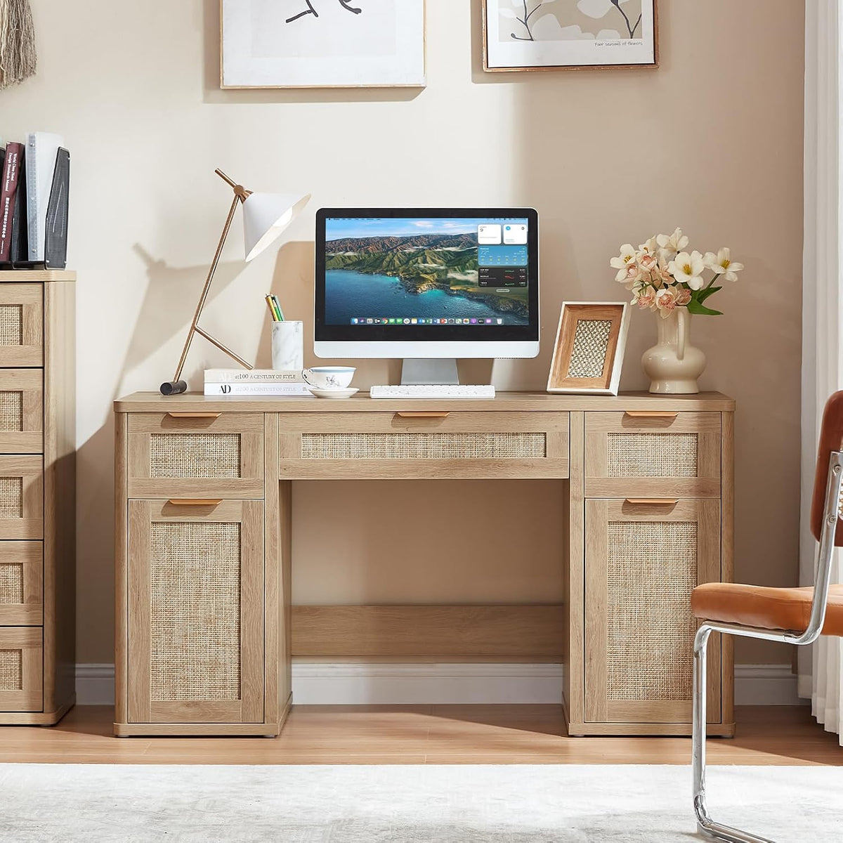 LEYAOYAO Office Desk 56" with 5 Drawers Storage File Cabinet, Natural