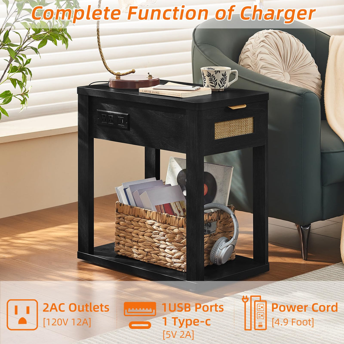 LEYAOYAO Narrow Side Table with Charging Station, Rattan 24 x 14''