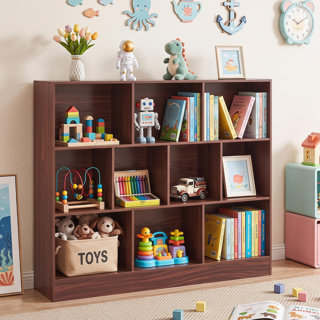 LEYAOYAO 7 Cube Bookshelf with Base,3 Tier Mid-Century Modern Blue Bookcase,Standing Wide Bookshelves Storage Organizer Shelf,Rustic Wood Display Cabinet Book Shelves for Bedroom,Living Room,Office