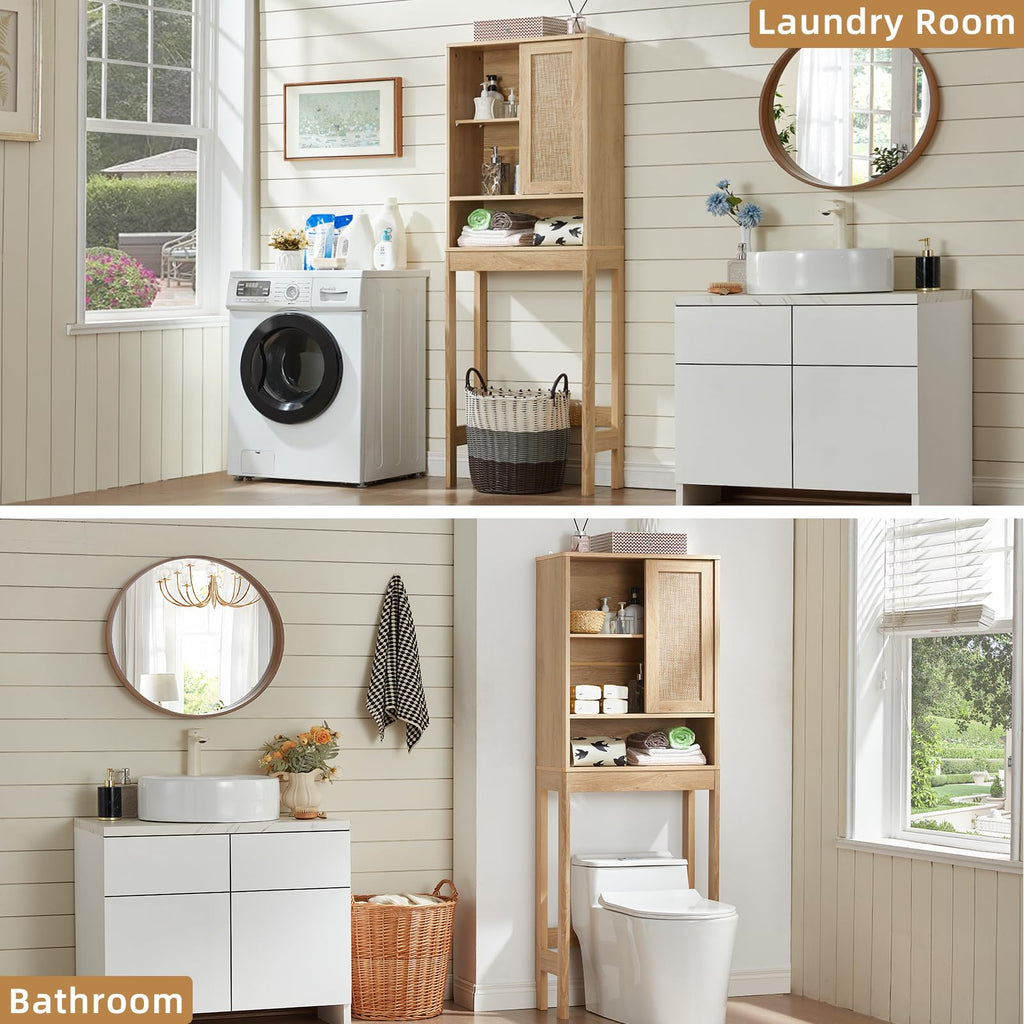 Lerliuo Rattan Bathroom Wall Cabinet, Boho Natural Medicine Cabinet with Adjustable Wood Shelf, 2 Doors Over The Toilet Storage Cabinets for Laundry Room, Kitchen, Living Room