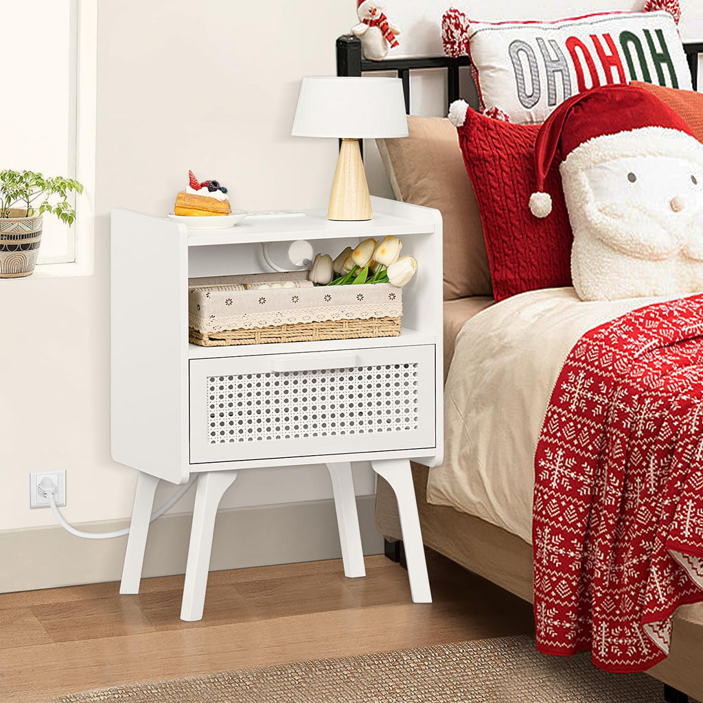 Lerliuo Rattan Nightstand with Charging Station, Boho Night Stand