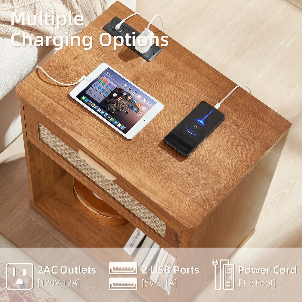 Lerliuo Rattan NightStand with Charger Station, 23" Wide Boho Bedside Table with Drawers, Natural Wood Night Stand Open Storage Cabinet, Bed Side End Table Dresser for Living Room, Hallway, Bedroom