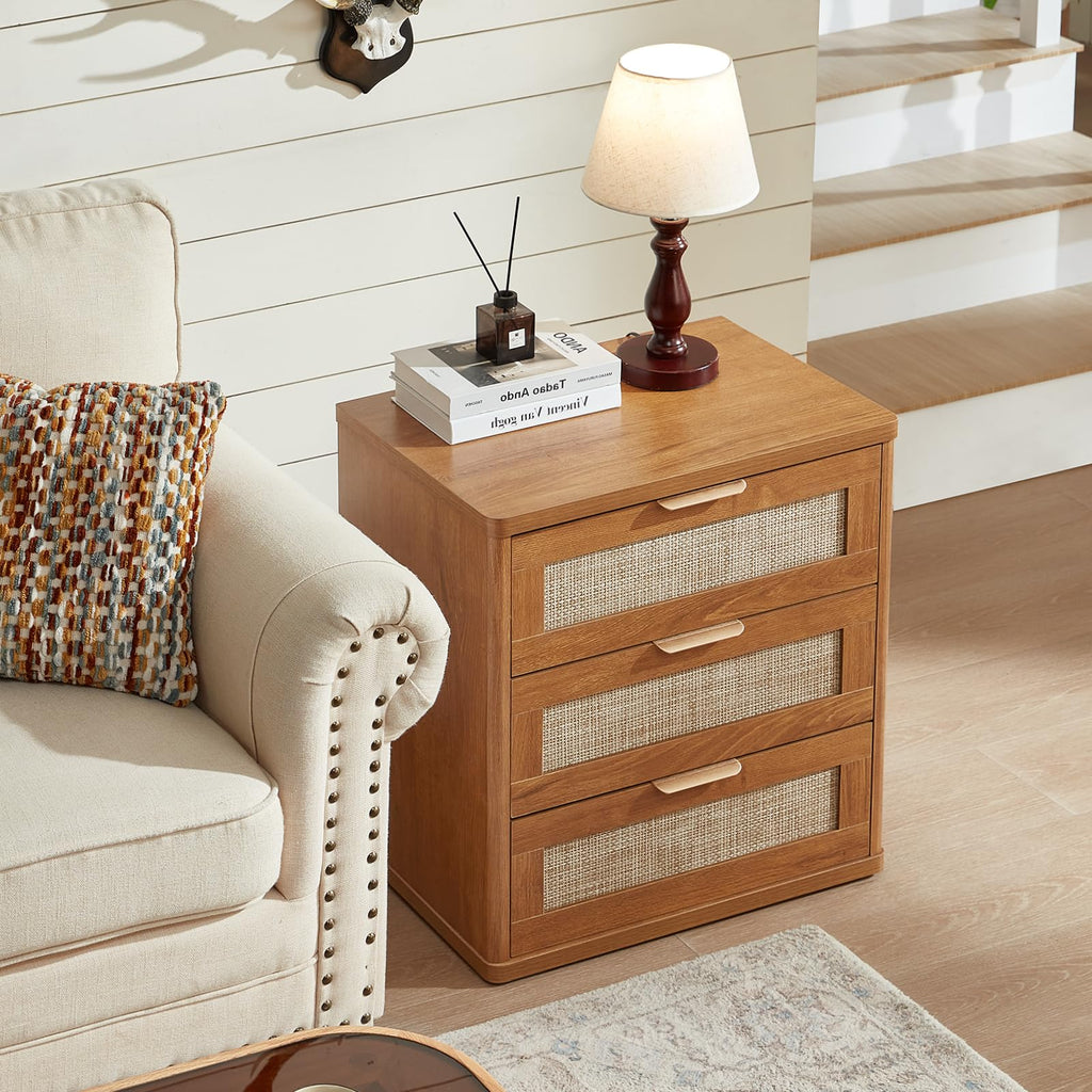 Lerliuo Rattan NightStand with Charger Station, 23" Wide Boho Bedside Table with Drawers, Natural Wood Night Stand Open Storage Cabinet, Bed Side End Table Dresser for Living Room, Hallway, Bedroom
