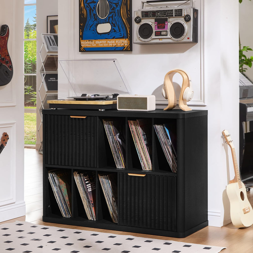 LEYAOYAO Large Record Player Stand with Vinyl Storage Up to 450 Albums, Wood Fluted Record Storage Accent Cabinet, Modern Stereo Media Cabinets, Wide Turntable Stand for Living Room, Antique White