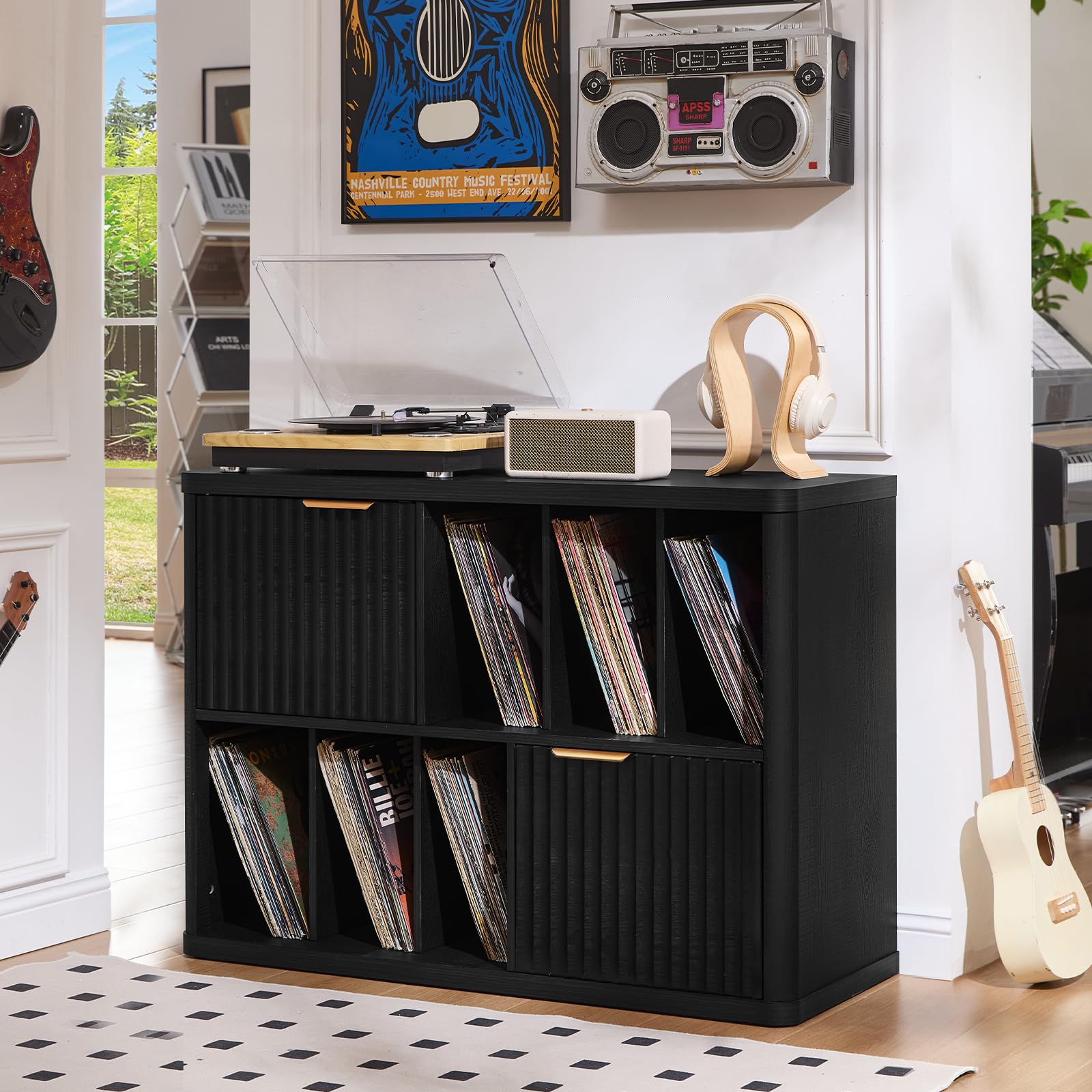 LEYAOYAO Large Record Player Stand with Vinyl Storage Up to 450 Albums, Wood Fluted Record Storage Accent Cabinet, Modern Stereo Media Cabinets, Wide Turntable Stand for Living Room, Antique White