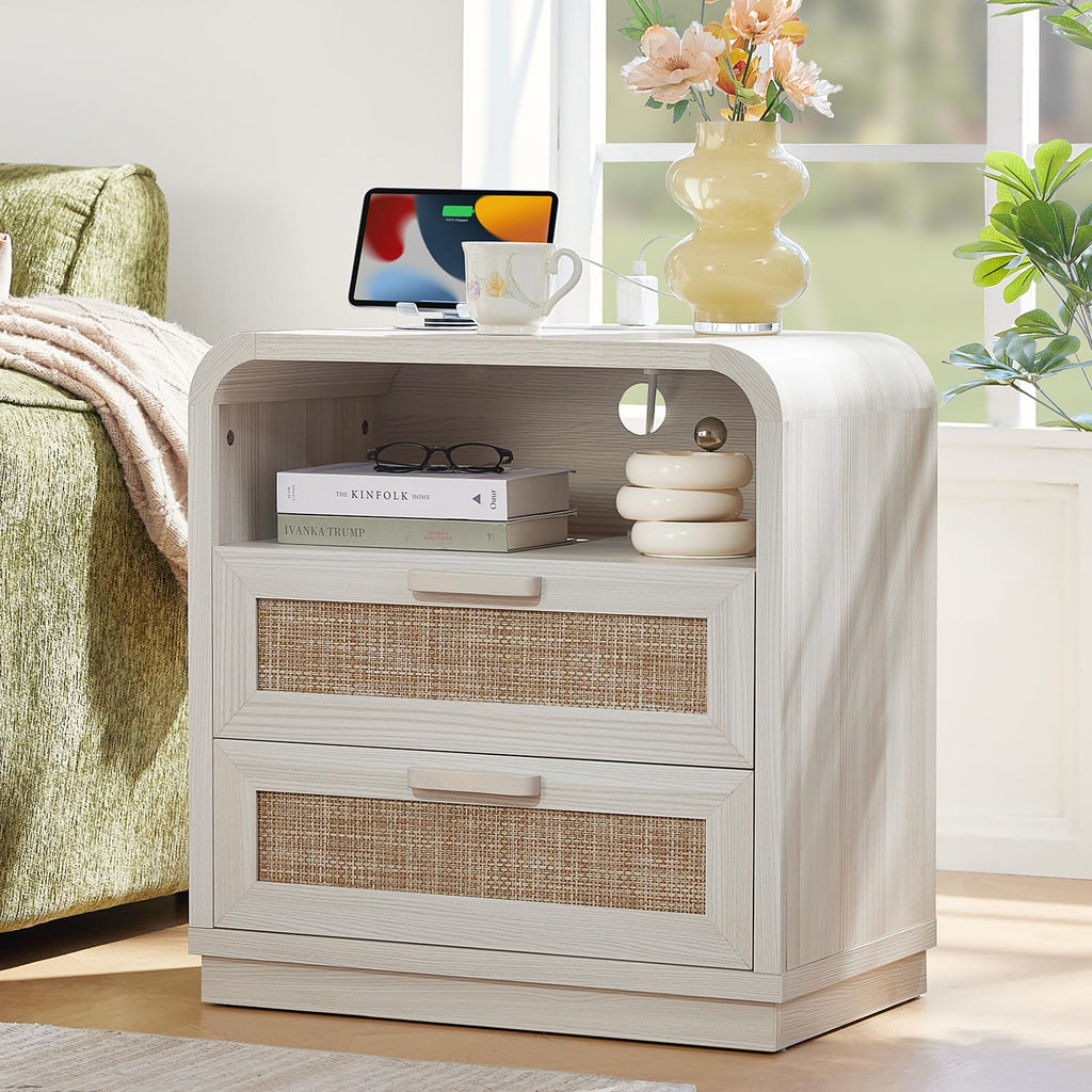 LEYAOYAO Curved Boho Dresser & Nightstand Set of 3, Natural Wood