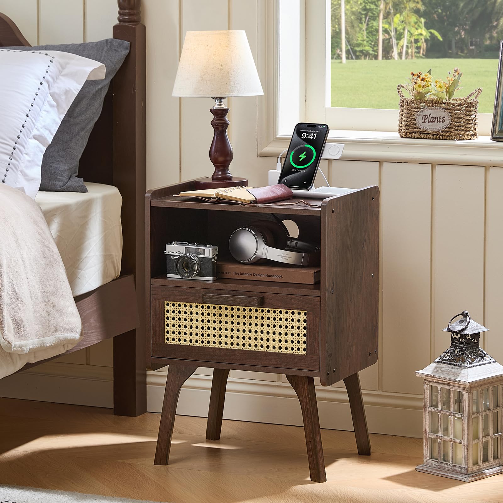 Lerliuo Rattan Nightstand with Charging Station, Boho Night Stand
