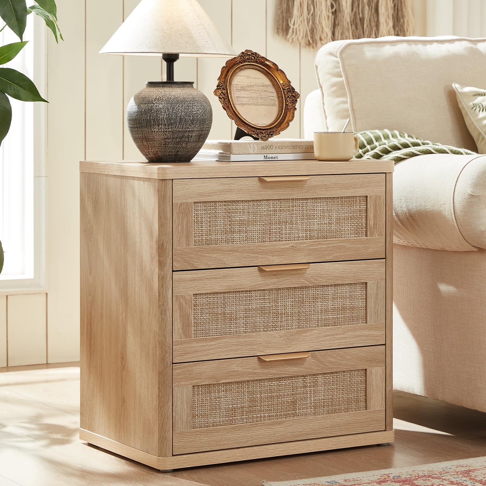 LEYAOYAO Rattan Nightstand Set of 2 with Charging Station, 1 & 2 Drawers Boho Night Stand Dresser for Bedroom, Natural Wood Bedside Table Open Storage Cabinet, Bed Side End Tables, Living Room,Hallway