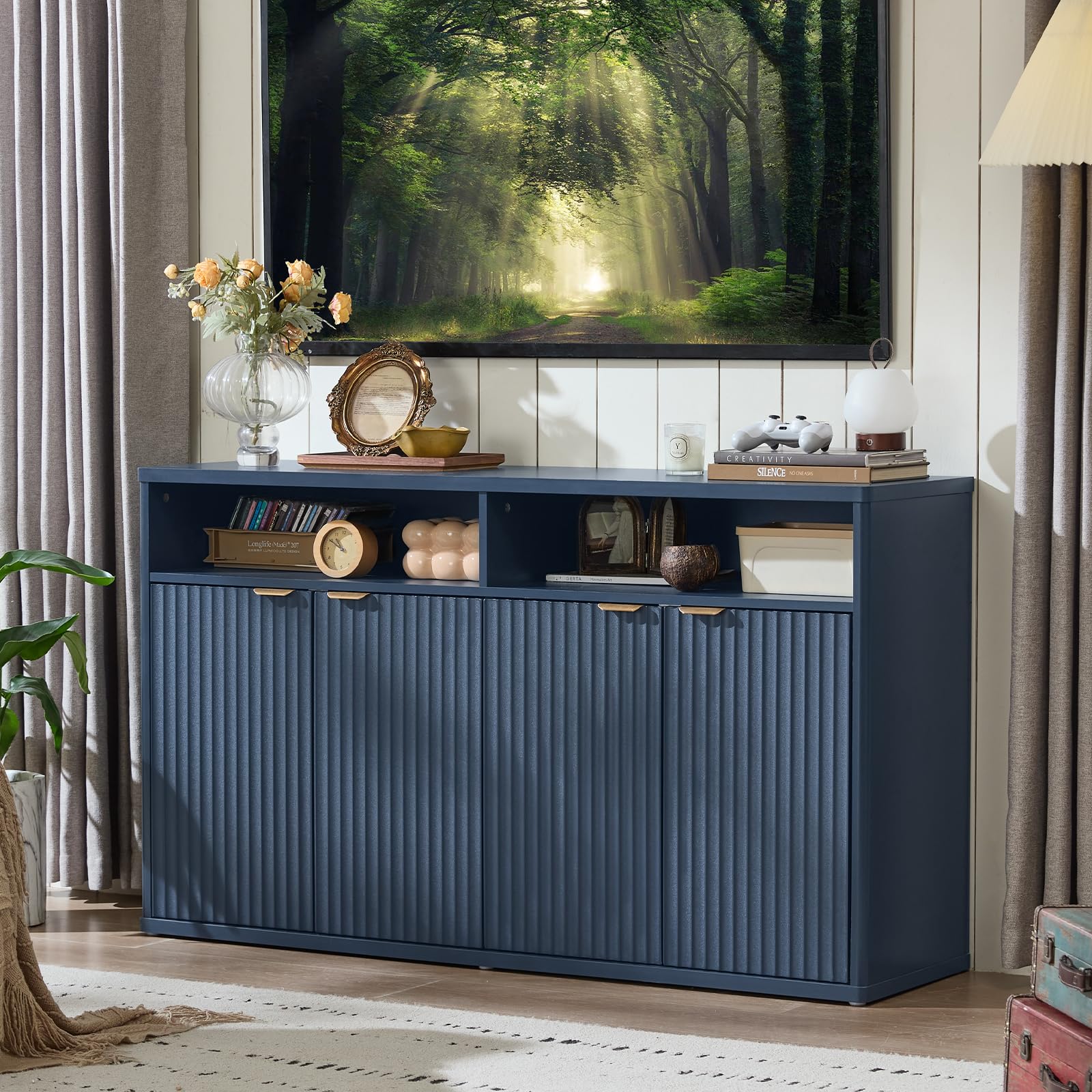 LEYAOYAO 45-Inch Fluted Buffet Cabinet with 3 Doors,Dark Blue