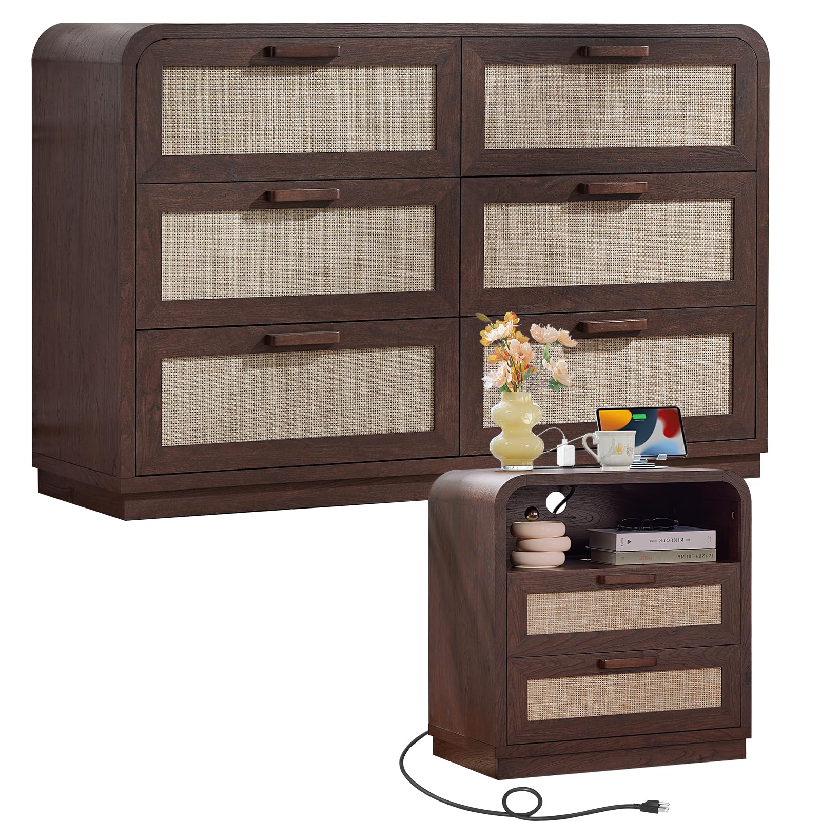 LEYAOYAO Curved Boho Dresser & Nightstand Set of 3, Natural Wood