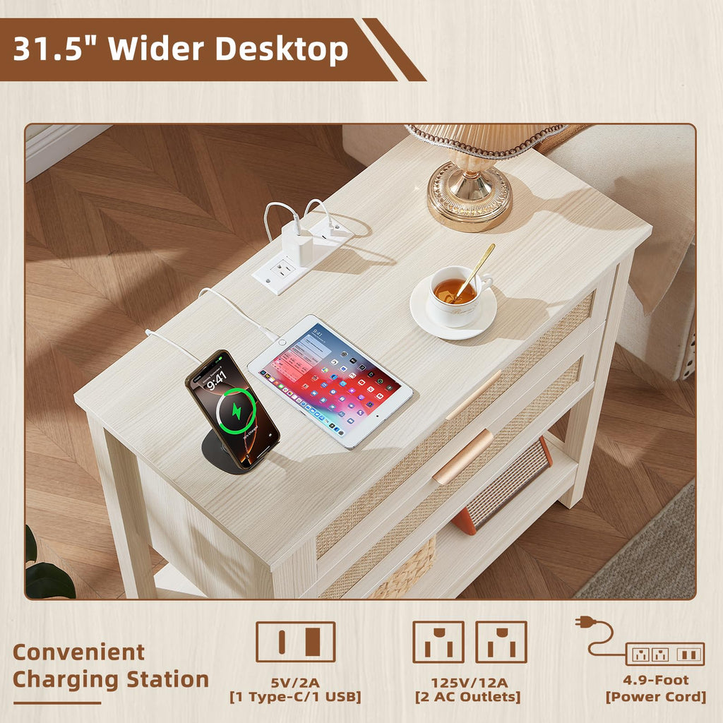 Lerliuo 31.5" Wide Rattan Nightstand,Oversized Large Boho Night Stand with 2 Drawers, 30" Tall Grey White Bedside Table with Storage Shelf, Bed Side End Tables for Bedroom, Living Room, Hallway