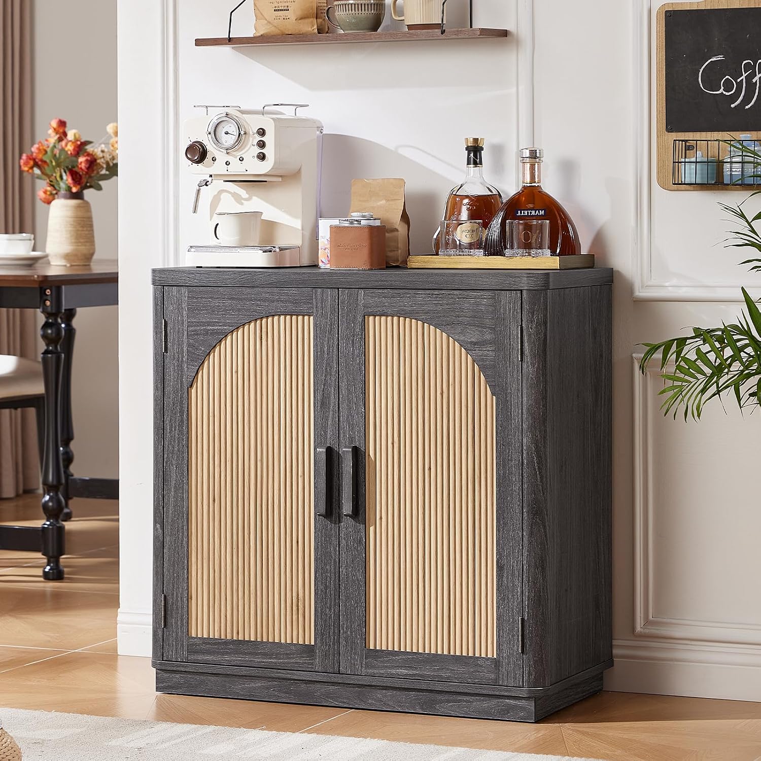 LEYAOYAO Fluted Buffet Cabinet with Storage, 94.5" Coffee Bar Cabinet with 6 Arch Doors & Adjustable Shelves, Mid Century Modern Sideboard, Wood Credenza for Living Room, Kitchen, Darkgrey