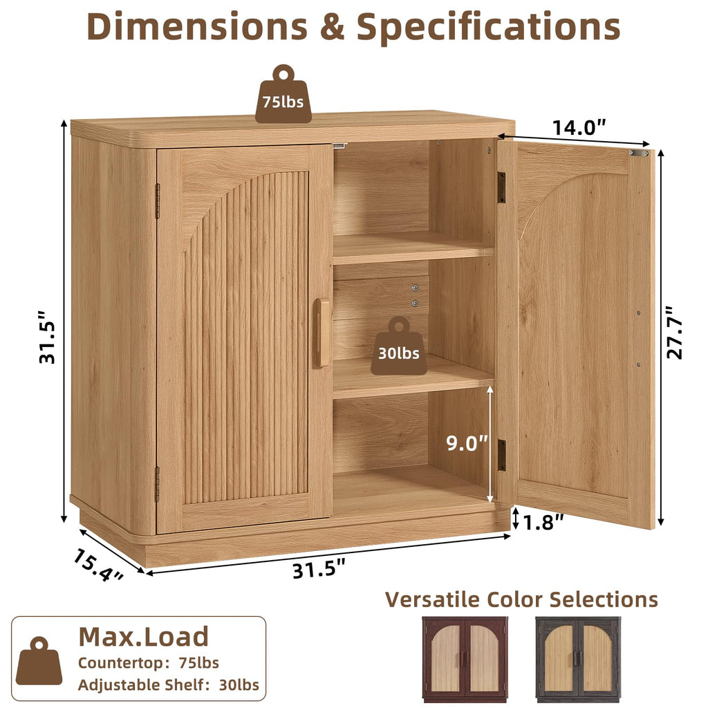 LEYAOYAO Fluted Buffet Cabinet with Storage, 31.5" Coffee Bar Cabinet with Arch Doors & Adjustable Shelves, Mid Century Modern Sideboard, Wood Credenza for Kitchen, Living Room, Natural