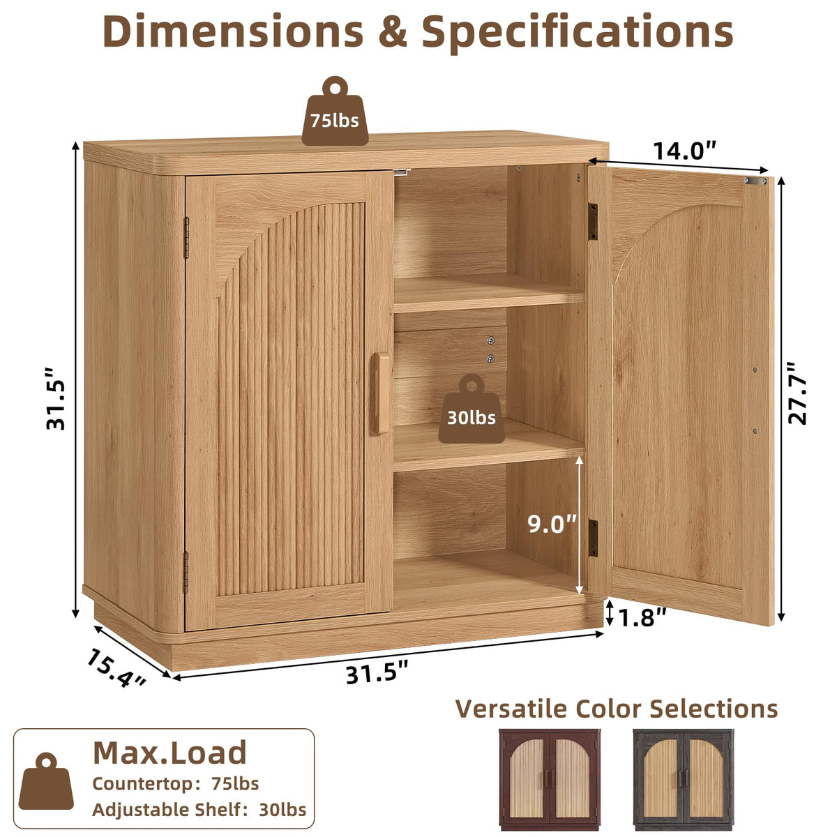 LEYAOYAO Fluted Buffet Cabinet with Storage, 31.5" Coffee Bar Cabinet with Arch Doors & Adjustable Shelves, Mid Century Modern Sideboard, Wood Credenza for Kitchen, Living Room, Natural